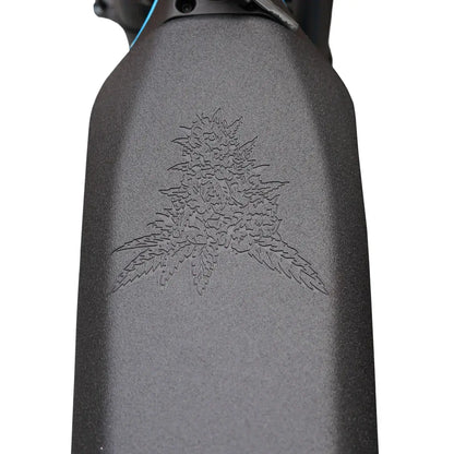 Close-up of Throne SRPNT e-DIRT BIKE featuring engraved design on the fender, showcasing unique branding.