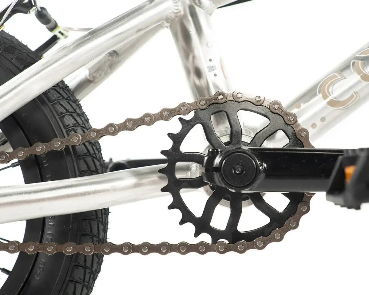 Colony Horizon 12" BMX bike chain and crank detail showcasing lightweight alloy frame and durable components.