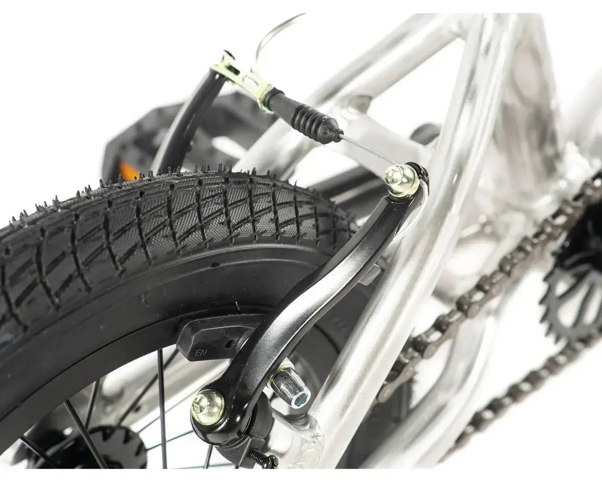 Close-up of the rear brake and tire of the Colony Horizon 12" BMX bike showcasing lightweight alloy construction.