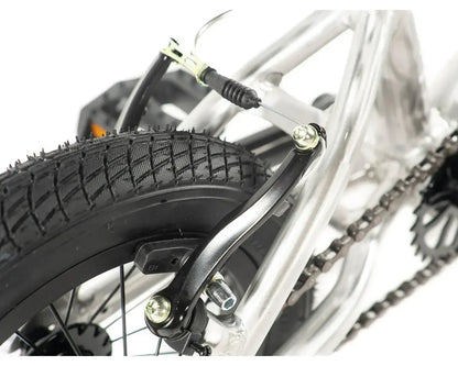 Close-up of the rear brake and tire of the Colony Horizon 12" BMX bike showcasing lightweight alloy construction.