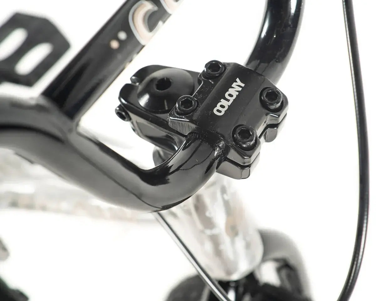 Close-up of Colony Horizon BMX bike handlebars and stem showcasing the alloy design.