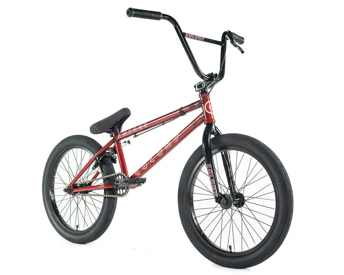Colony Emerge 20" BMX bike with full Chromoly frame and sealed hubs in red color.