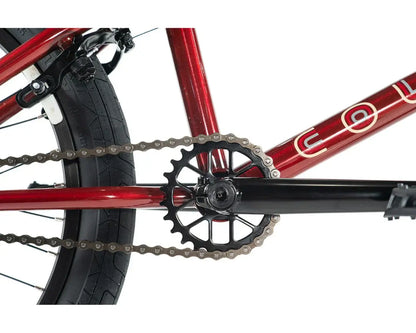 Colony Emerge 20" BMX bike close-up of the chain and crank set, showcasing full Chromoly frame and components.