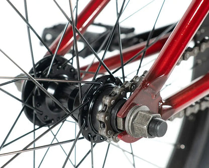 Close-up of the rear hub and spokes on a Colony Emerge 20" BMX bike, showcasing sealed hubs and durable design.