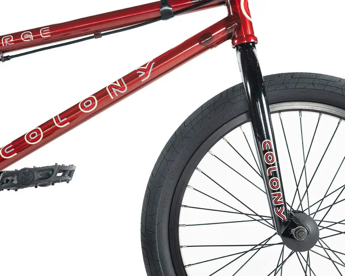 Close-up of Colony Emerge 20" BMX Bike frame and fork, showcasing the full Chromoly construction and design features.