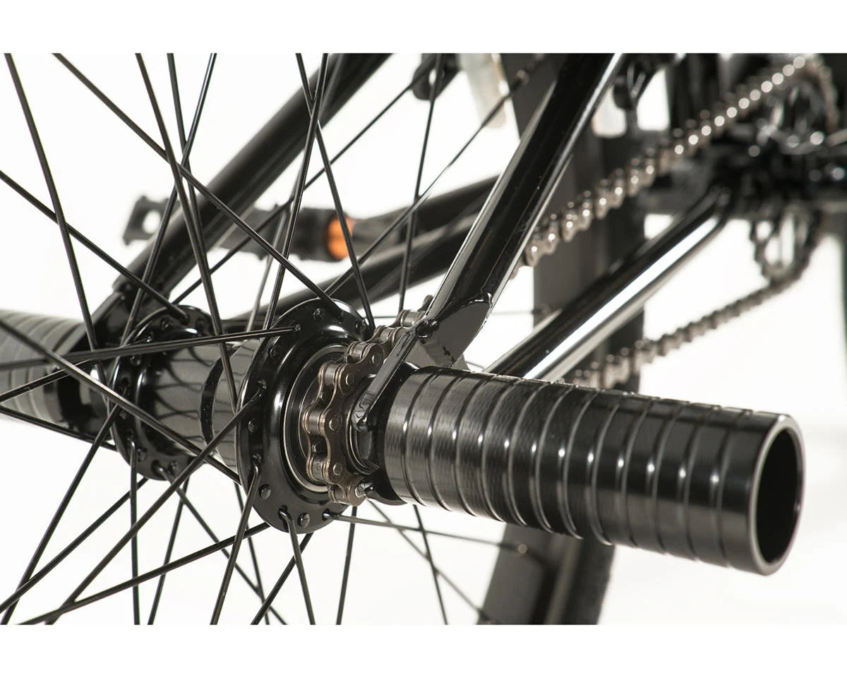 Close-up of the rear hub and grips of the Colony Apprentice 20" BMX Flatland bike showcasing quality components.