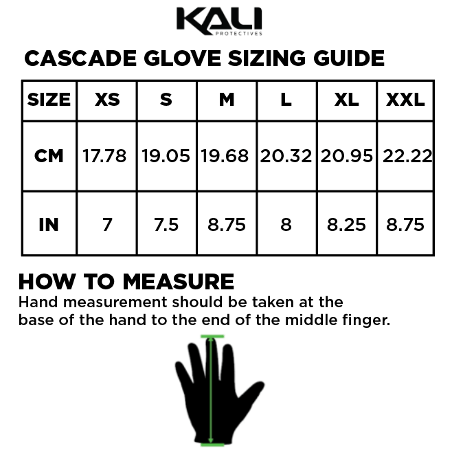 Sizing guide for the Cascade glove by Kali Protectives, showing measurements in centimeters and inches.