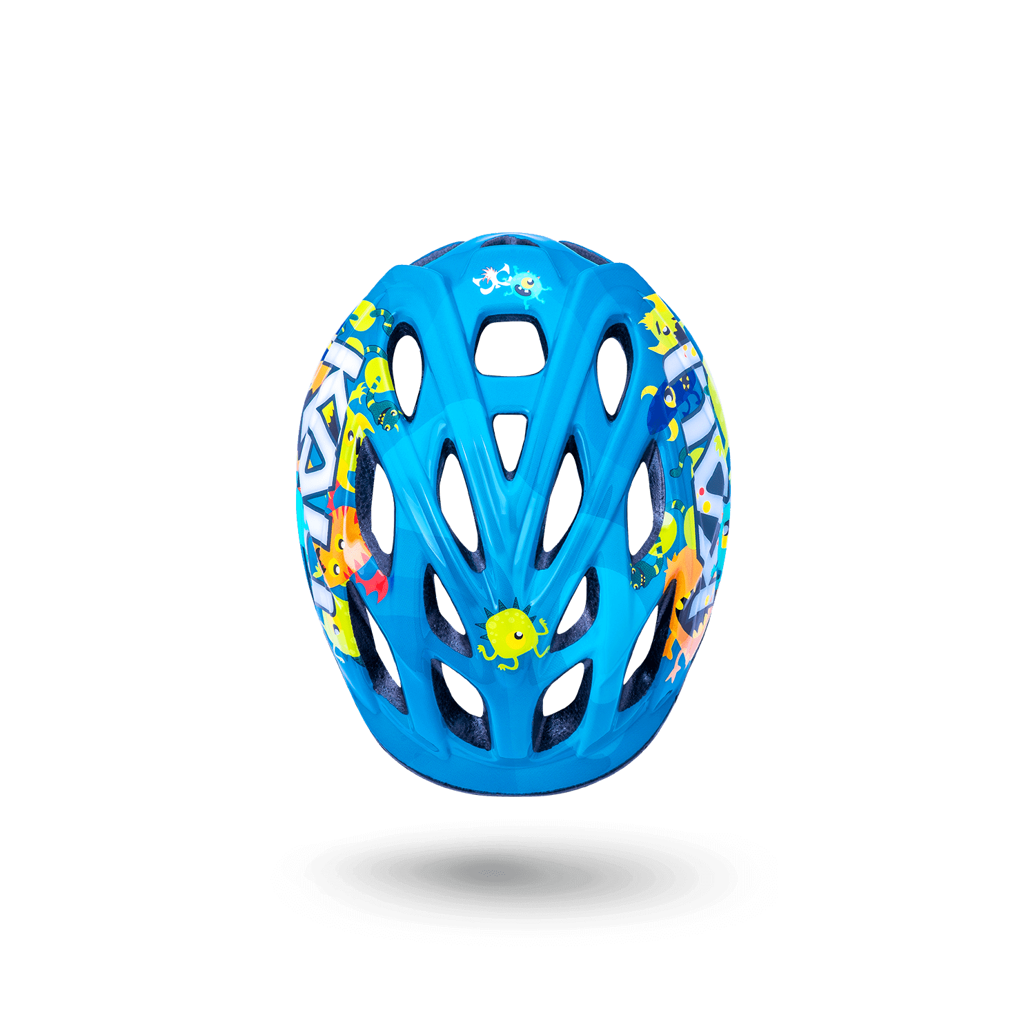 Colorful blue bicycle helmet for kids featuring cartoon fish, designed for safety and comfort for young riders.
