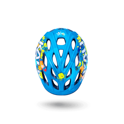 Colorful blue bicycle helmet for kids featuring cartoon fish, designed for safety and comfort for young riders.