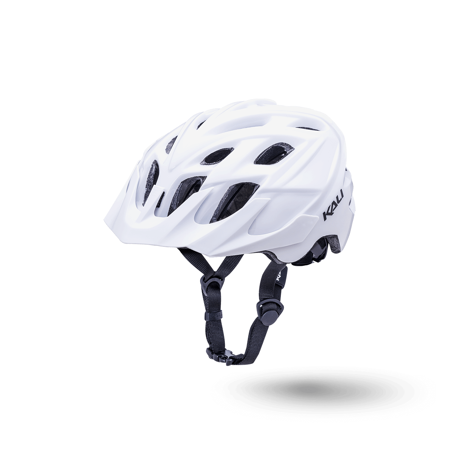 White Kali helmet with adjustable straps, designed for safety and comfort during cycling.
