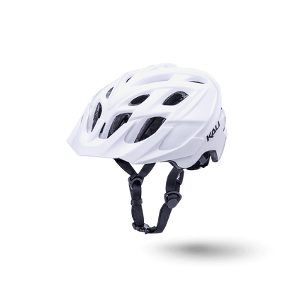 White Kali helmet with adjustable straps, designed for safety and comfort during cycling.