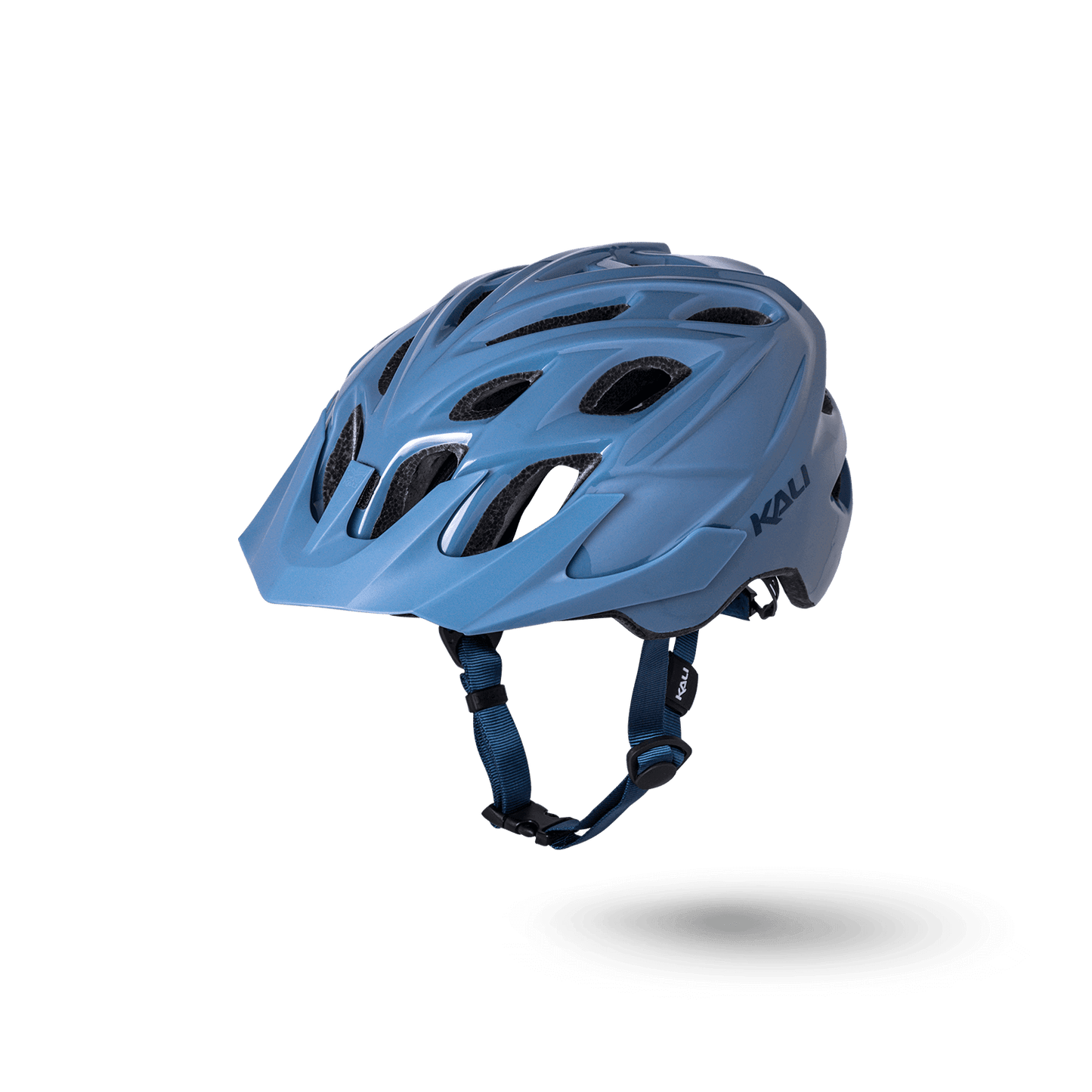 Kali blue bike helmet with ventilation slots and adjustable straps, perfect for cycling enthusiasts.