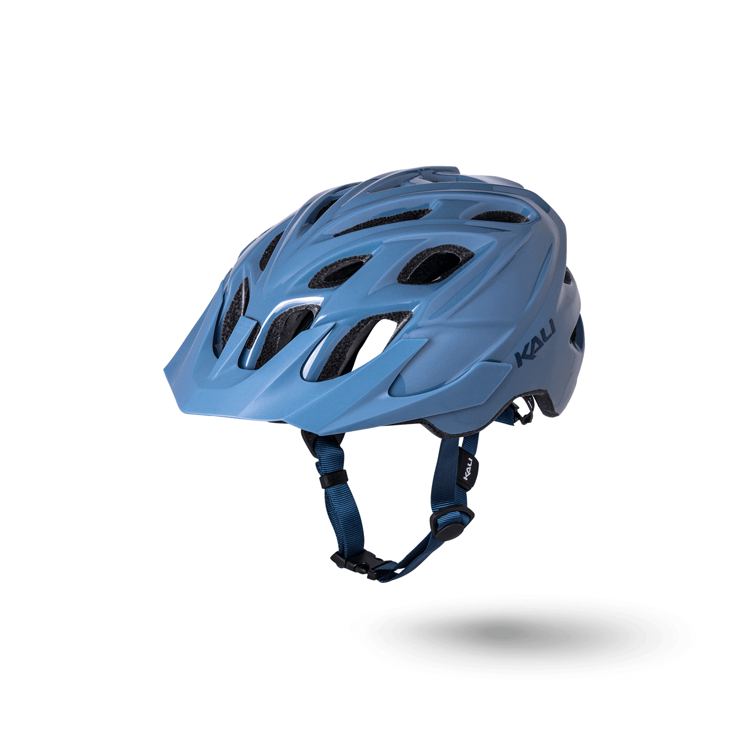 Kali blue bike helmet with ventilation slots and adjustable straps, perfect for cycling enthusiasts.