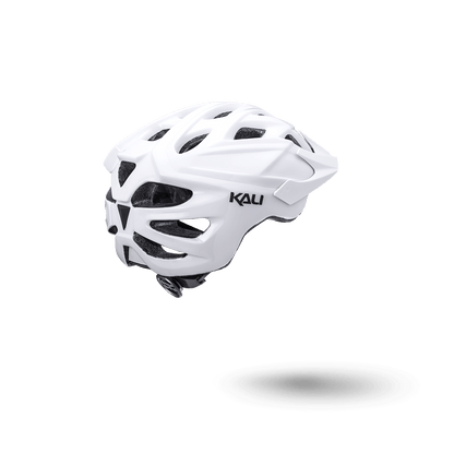 Lightweight Kali helmet, designed for comfort and safety during biking, featuring an aerodynamic white design.