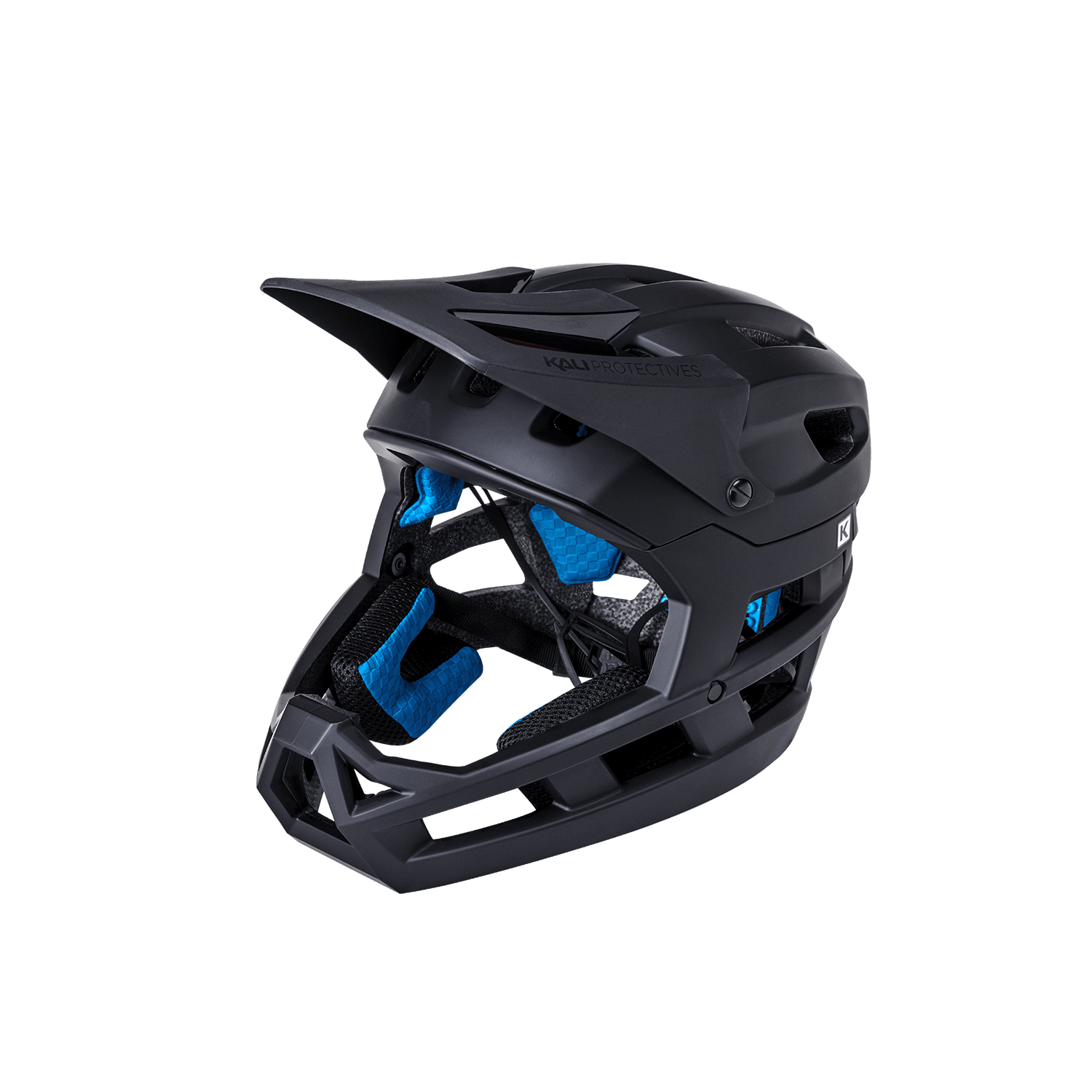 DH Invader helmet in matte black with blue padding, designed for maximum protection and performance in extreme sports.