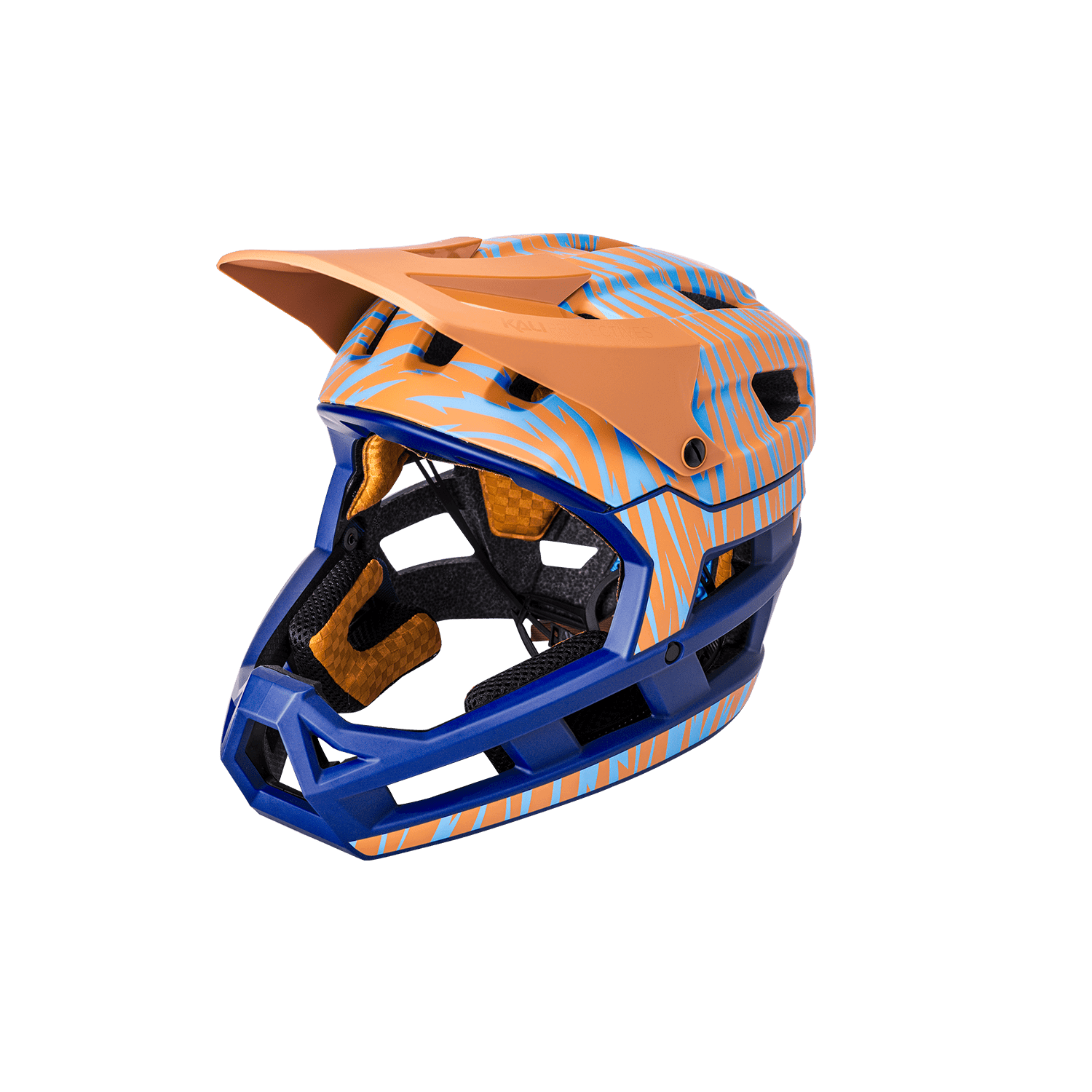 DH Invader helmet in orange and blue, designed for enhanced protection and performance in outdoor sports.