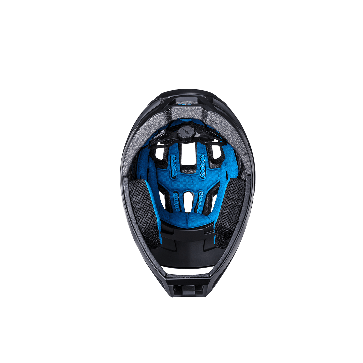 Interior view of the DH Invader helmet, showcasing its blue padding and protective design for optimal safety.