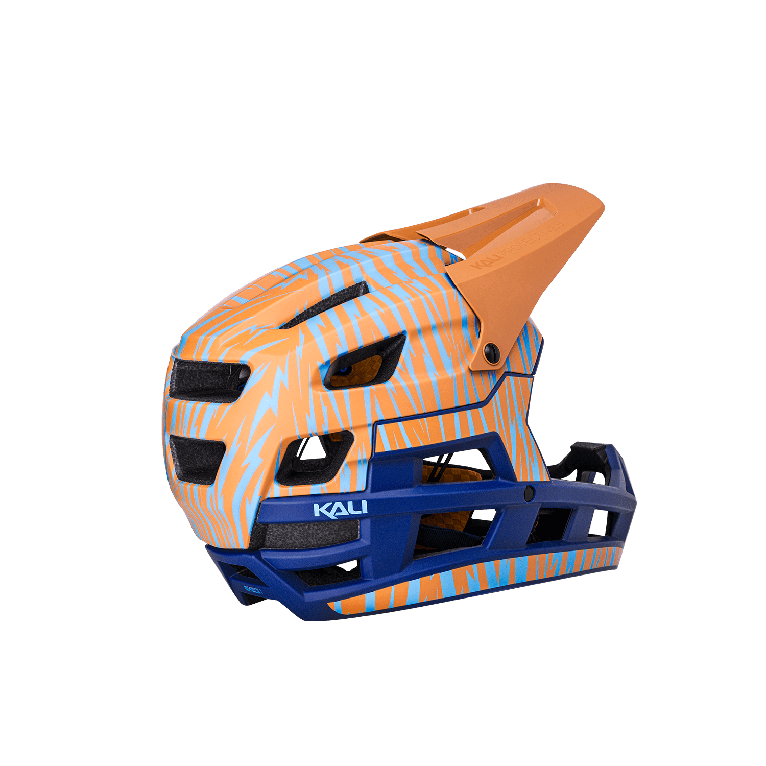 DH Invader helmet with orange and blue design, offering enhanced protection for biking adventures.