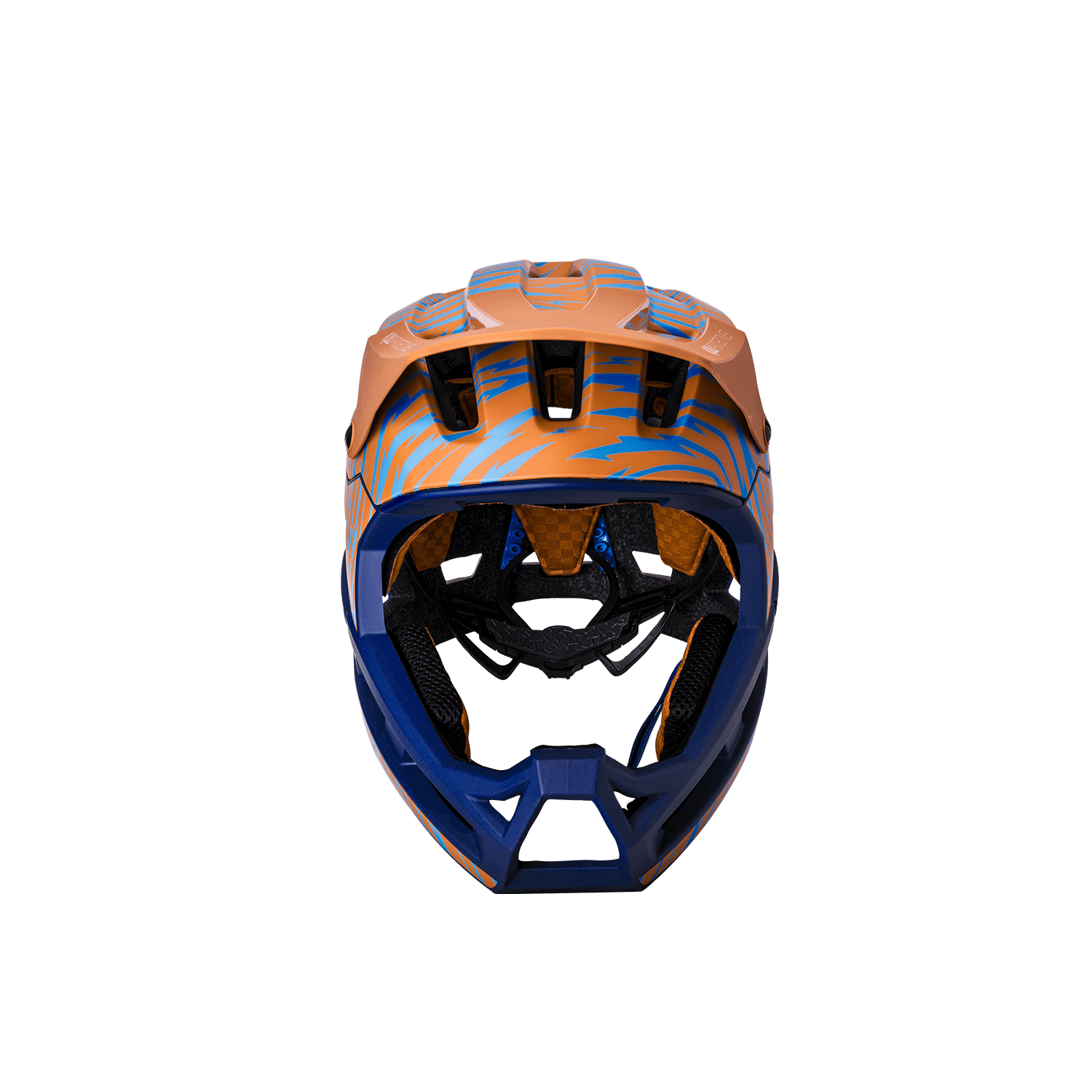 DH Invader helmet showcasing vibrant orange and blue design, offering advanced protection for cyclists.