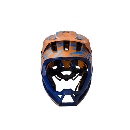 DH Invader helmet showcasing vibrant orange and blue design, offering advanced protection for cyclists.