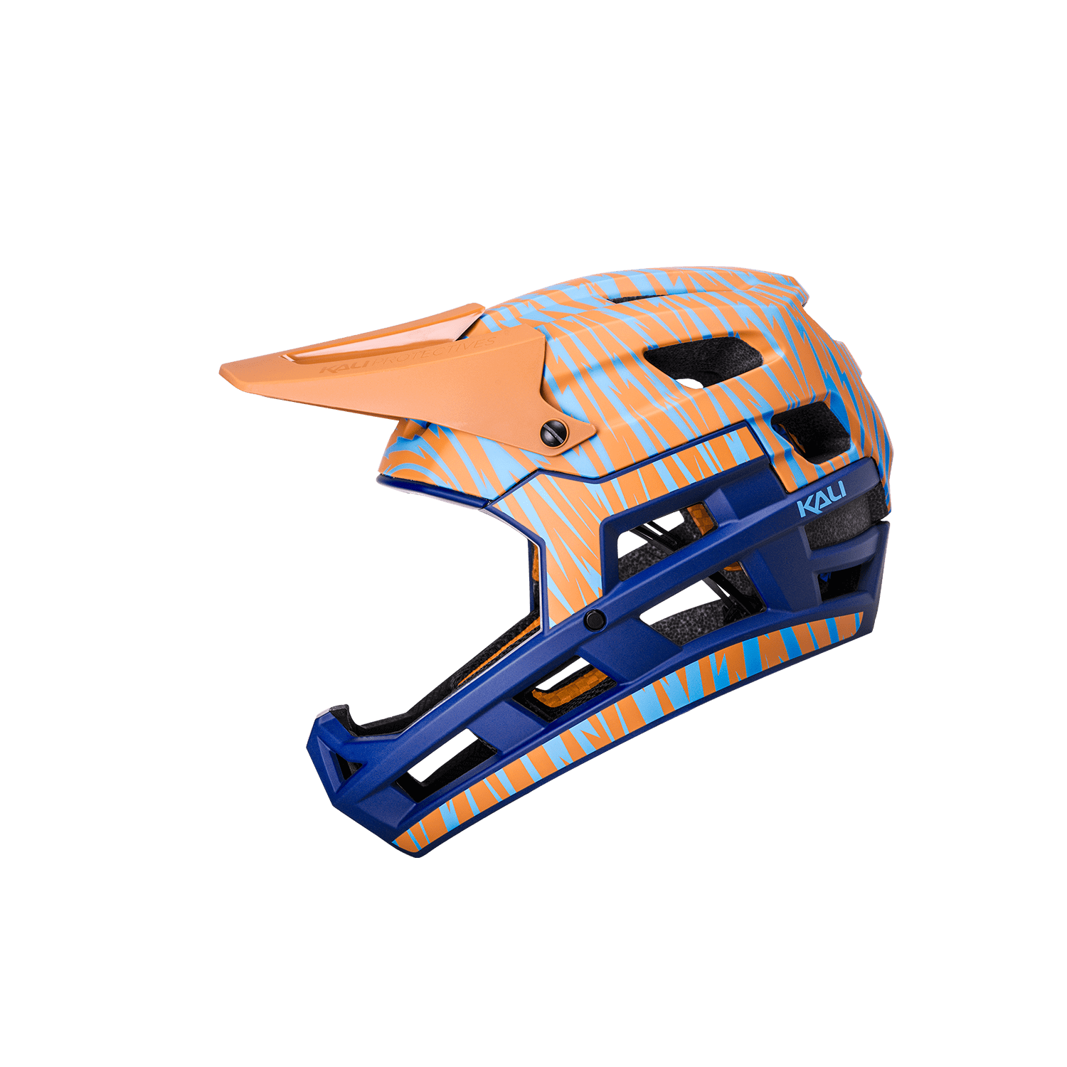 DH Invader helmet showcasing vibrant orange and blue design, enhancing safety and performance for downhill biking.