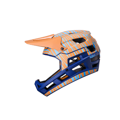 DH Invader helmet showcasing vibrant orange and blue design, enhancing safety and performance for downhill biking.