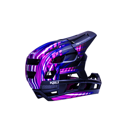 Vibrant purple and blue DH Invader helmet featuring enhanced protection for ultimate safety.