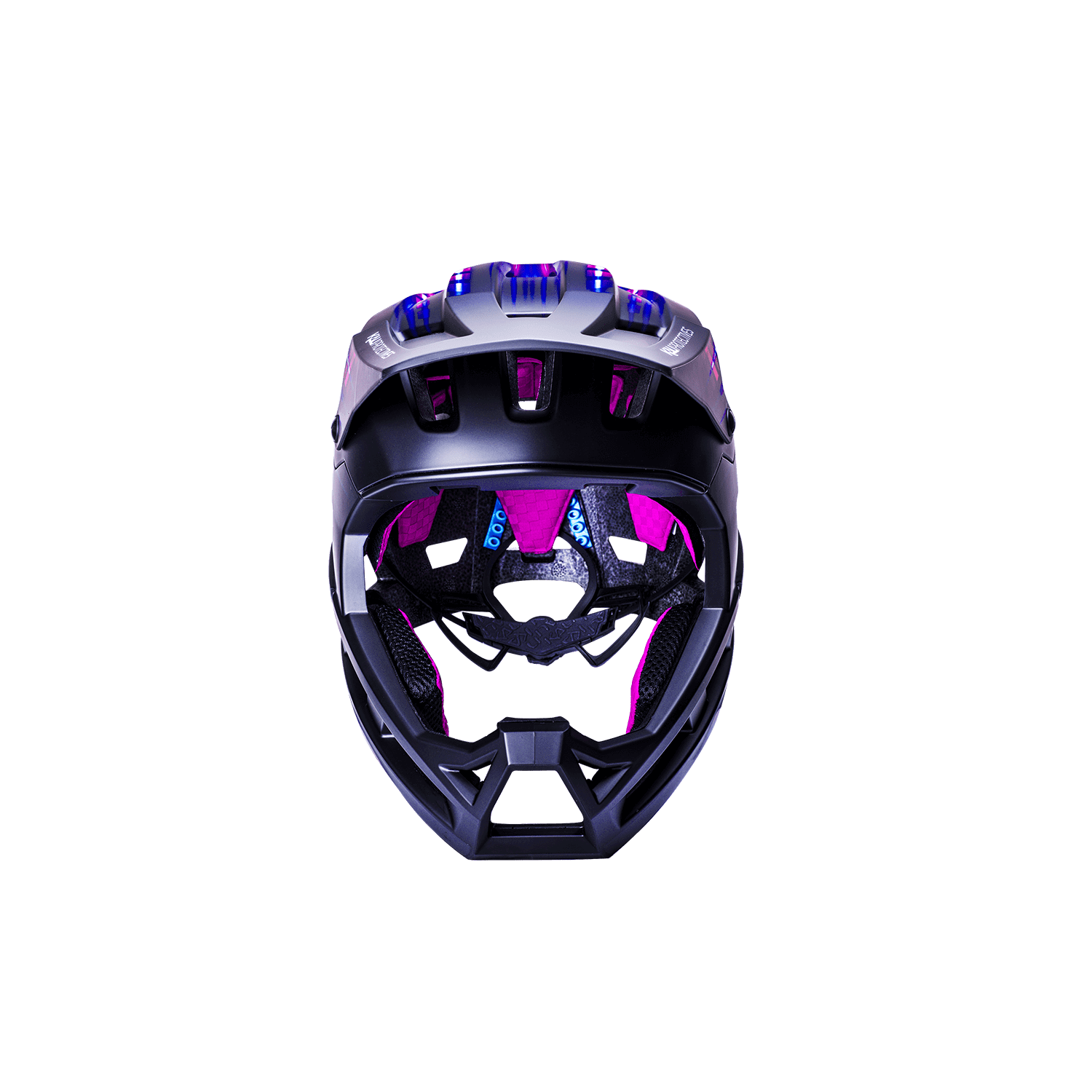 Front view of DH Invader helmet with purple accents, designed for enhanced protection and comfort.