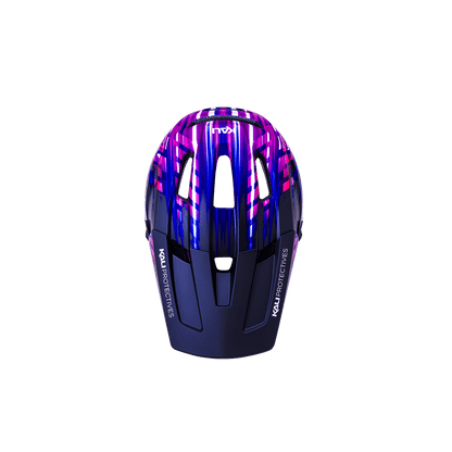 Front view of the colorful DH Invader helmet, showcasing enhanced protection and modern design features.