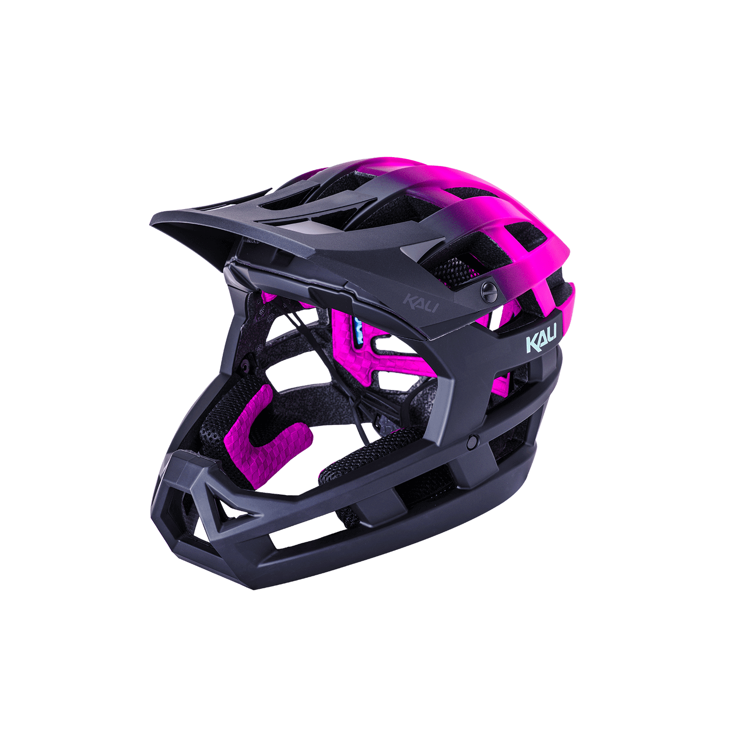 Kali Invader 2.0 trail helmet in black and pink, designed for optimal protection and style on mountain trails.