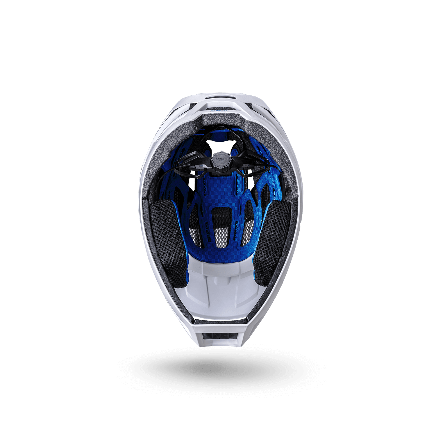 Inside view of the Invader 2.0 trail helmet, showcasing its blue and black interior design and ventilation features.