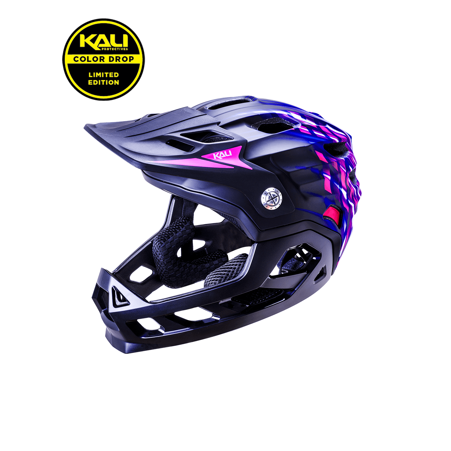 Limited edition Kali full-face child helmet featuring a stylish black and purple design, perfect for young riders.