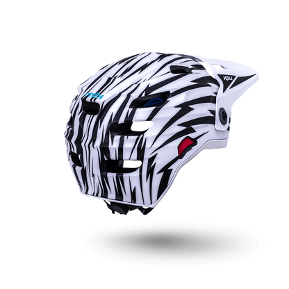 Maya Full Face Child helmet in white with black and red lightning design for safe biking adventures.