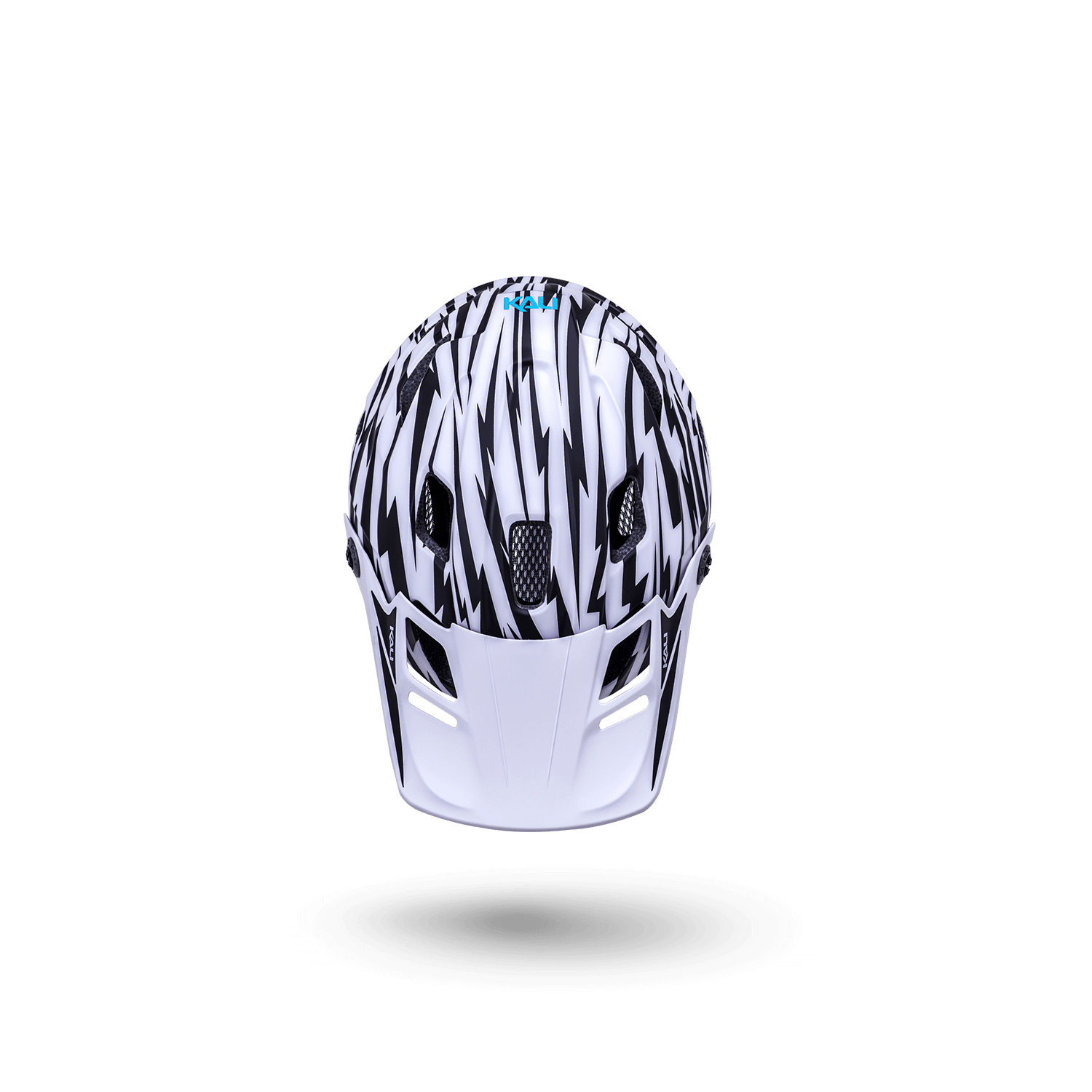 Maya Full Face Child helmet in white with black graphic design, perfect for kid's safety while hucking.