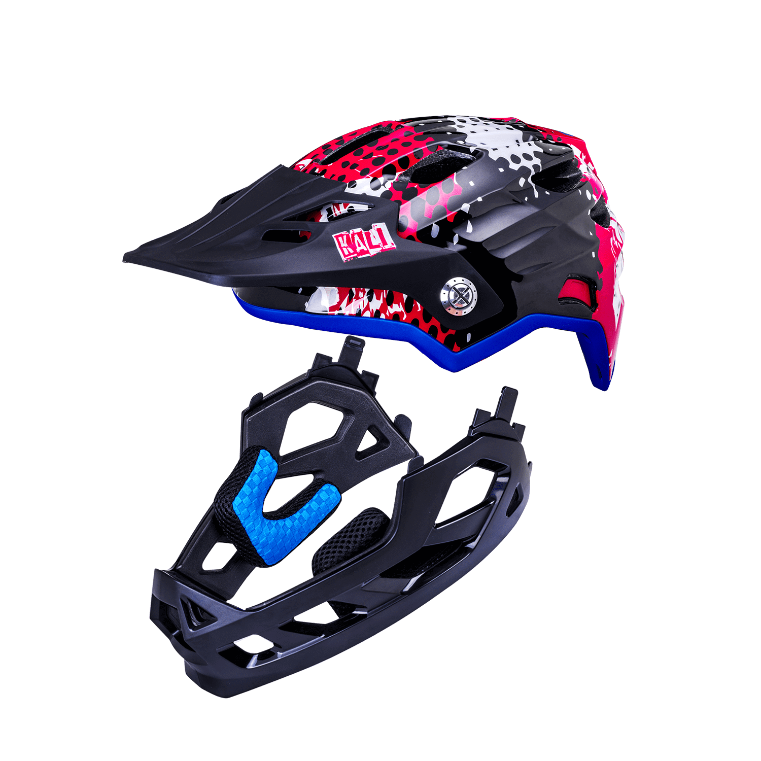 Maya Full Face Child helmet in red and black with removable chin guard, perfect for young riders.