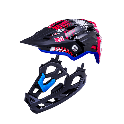 Maya Full Face Child helmet in red and black with removable chin guard, perfect for young riders.