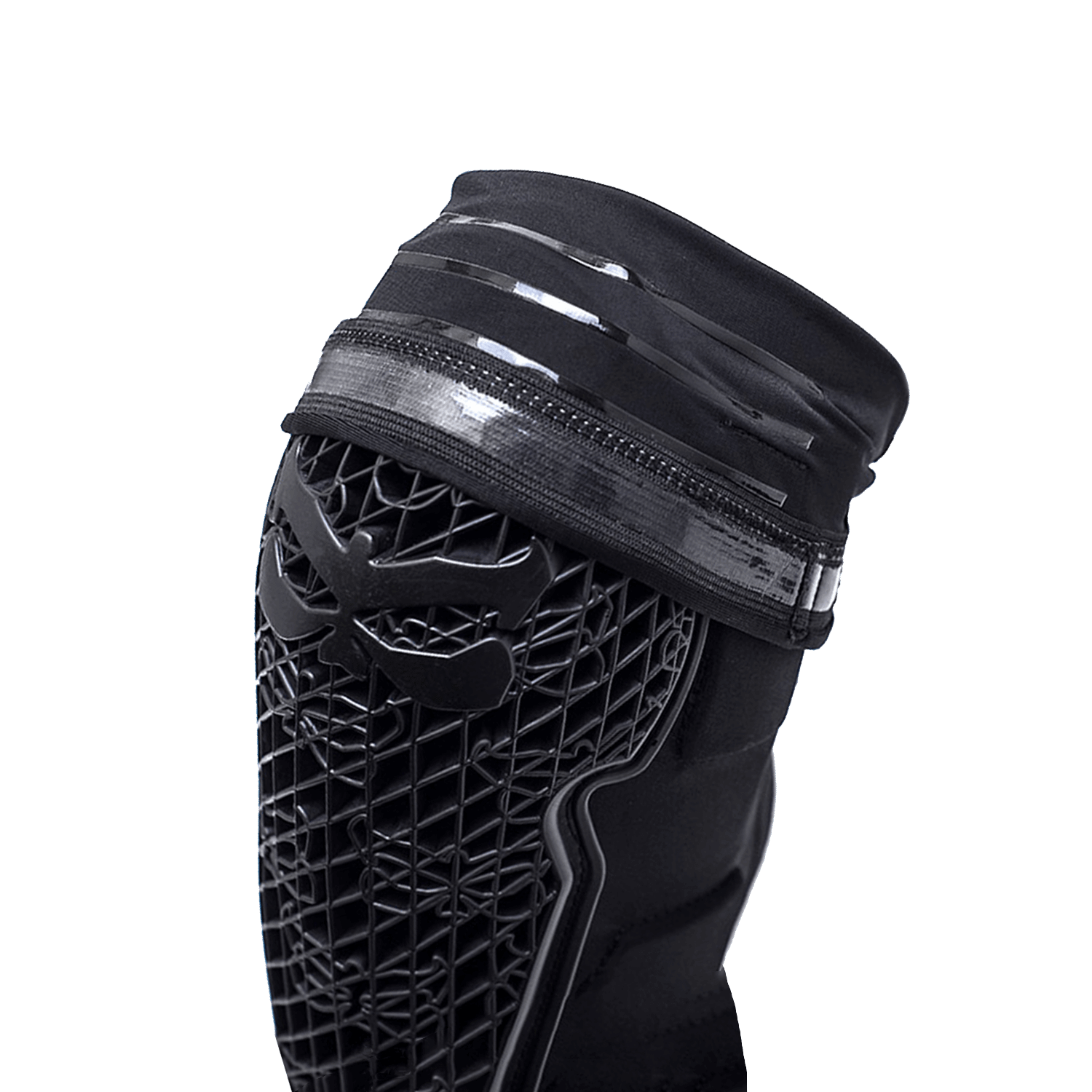 Close-up of Strike knee/shin guard, designed for protection during technical trail riding.